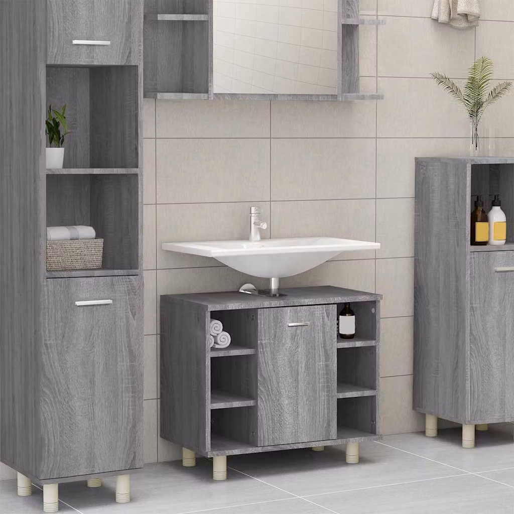 Armadietto da bagno moderno vidaXL in legno multistrato e MDF, colore grigio, sospeso a parete, L: 60 cm, P: 32 cm, H: 53,5 cm