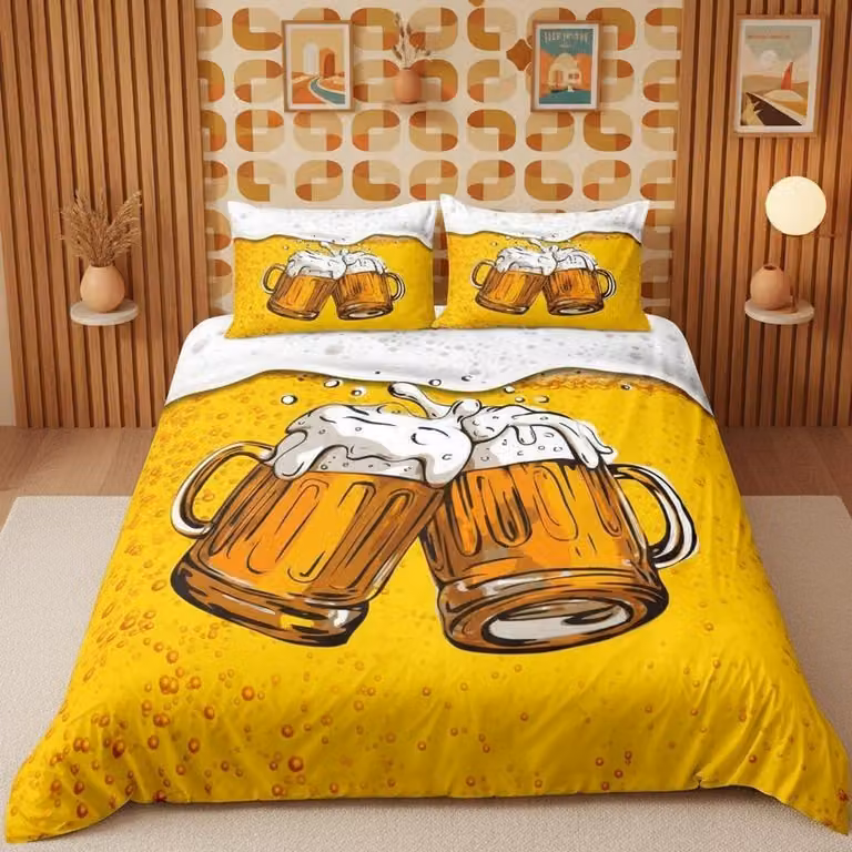 Solidchoice - Set di lenzuola con copripiumino a tema "Bicchieri di birra", 135 x 200 cm