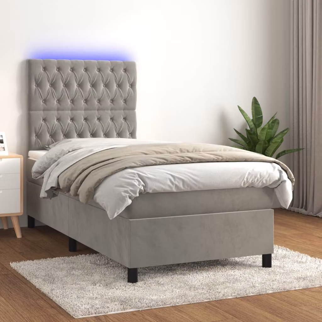 The Living Store Letto a molle con materasso e LED in velluto grigio chiaro 80x200 cm