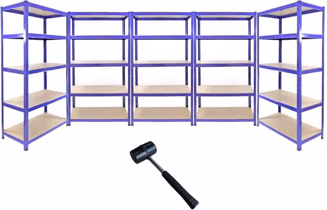 Set di 5 scaffalature robuste T-Rax in acciaio blu per garage, Larghezza: 90 cm, Profondità: 45 cm, Altezza: 180 cm