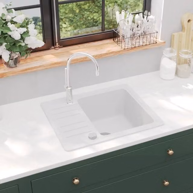 Lavello da cucina a vasca singola in granito bianco vidaXL L: 57,5 cm, P: 46,0 cm, H: 28,0 cm – 1