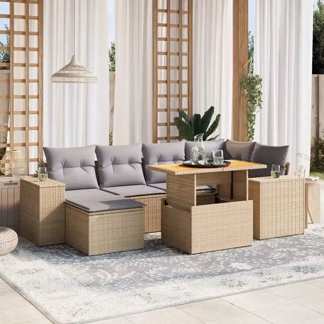 Set Divani da Giardino 7 pz con Cuscini Beige in Polyrattan 3272739