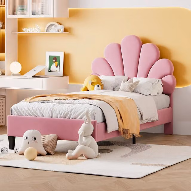 Letto imbottito REDOM in velluto rosa con testiera a forma di fiore L/P/H: 90 x 200 x 110.5 cm