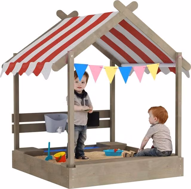 Sabbiera Outsunny con tettuccio e set di giochi in legno massello grigio L: 124 cm, P: 116 cm, H: 146 cm – 1