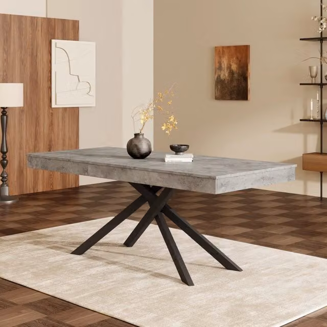 Tavolo da pranzo allungabile grigio 140/180x80 cm, 6-8 posti, piano spesso, gambe in metallo, stile semplice per cucina e soggiorno