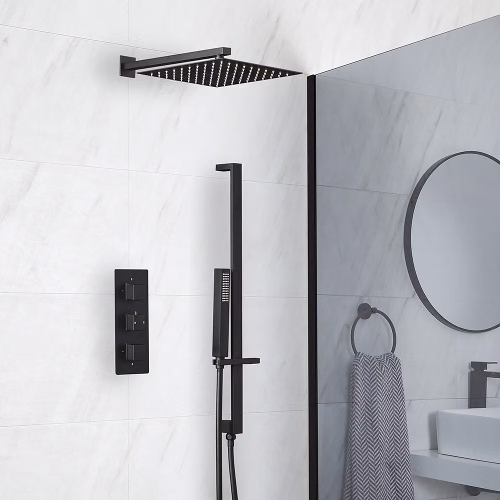 Sistema Termostatico Nero per Doccia e Vasca  con Soffione Quadrato a 300mm, Asta Saliscendi con Doccetta (2 Vie) - Preto