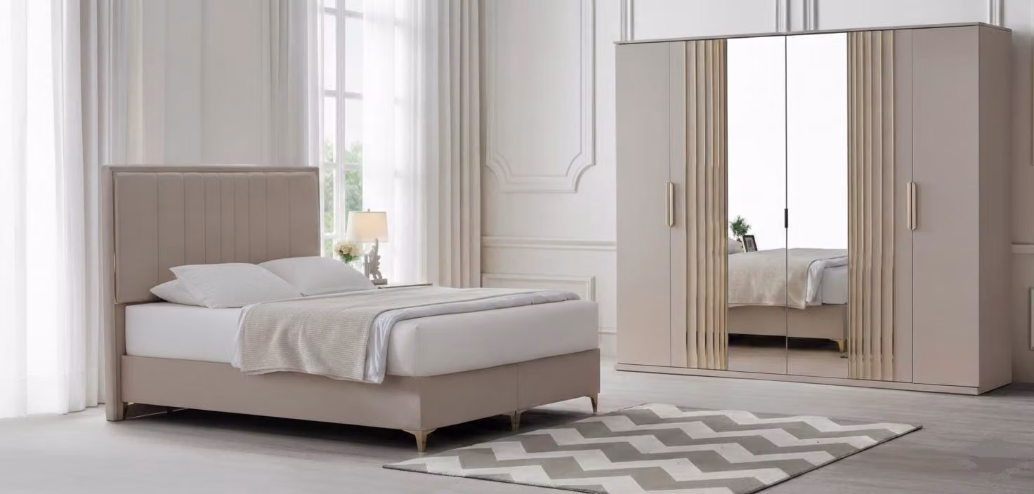 Set completo per camera da letto: letto imbottito, armadio design, 2 pezzi