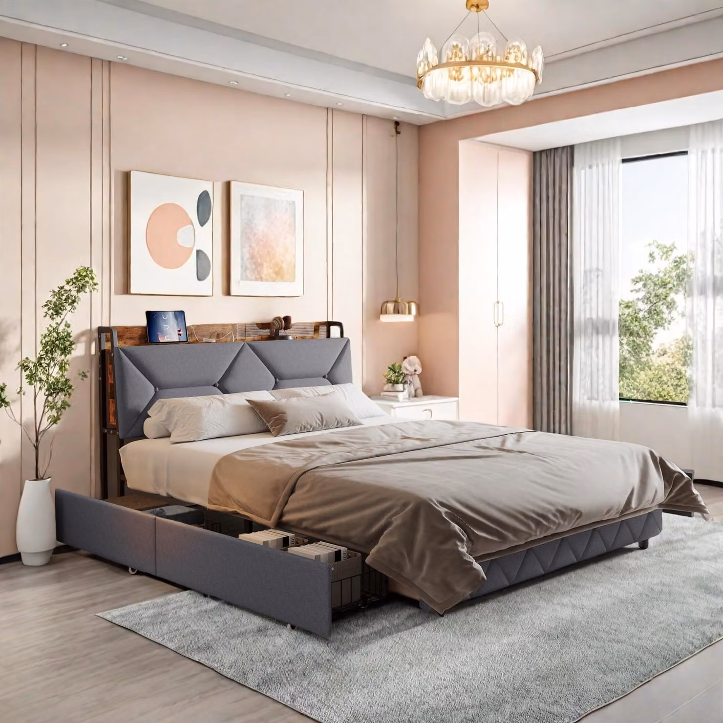 Letto Moonbite con spazio contenitivo 160x200 cm – Scrivania a due posti con poggiatesta inclinabile, 4 cassetti portaoggetti, prese USB e di tipo C, rete a doghe, struttura in legno e metallo, colore grigio