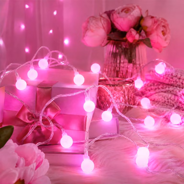 Catena luminosa a LED rosa, 1,5 metri, 10 lampadine a forma di sfera, alimentata a batteria