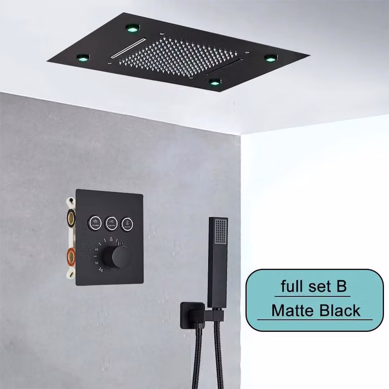 Kit doccia a soffitto da incasso - Set completo con soffione quadrato a pioggia e a cascata - LED alimentati ad acqua - Alto flusso - Acciaio inossidabile - Nero
