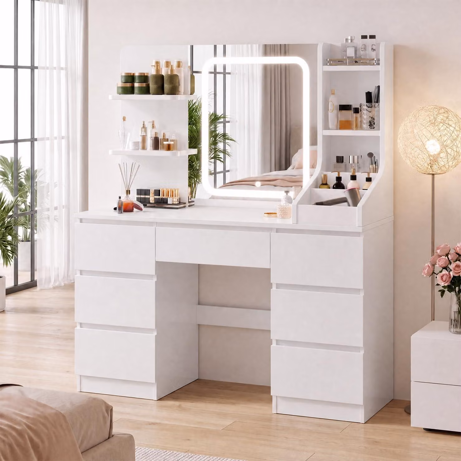 Tavolino da trucco JUMMICO con specchio a LED e regolazione della luminosità, grande tavolino per il trucco