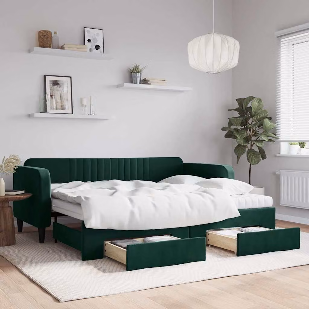 vidaXL Divano Letto Estraibile con Cassetti in Velluto Verde, L/P/H: 223 x 100 x 75 cm, Dimensioni Letto: 90 x 200 cm