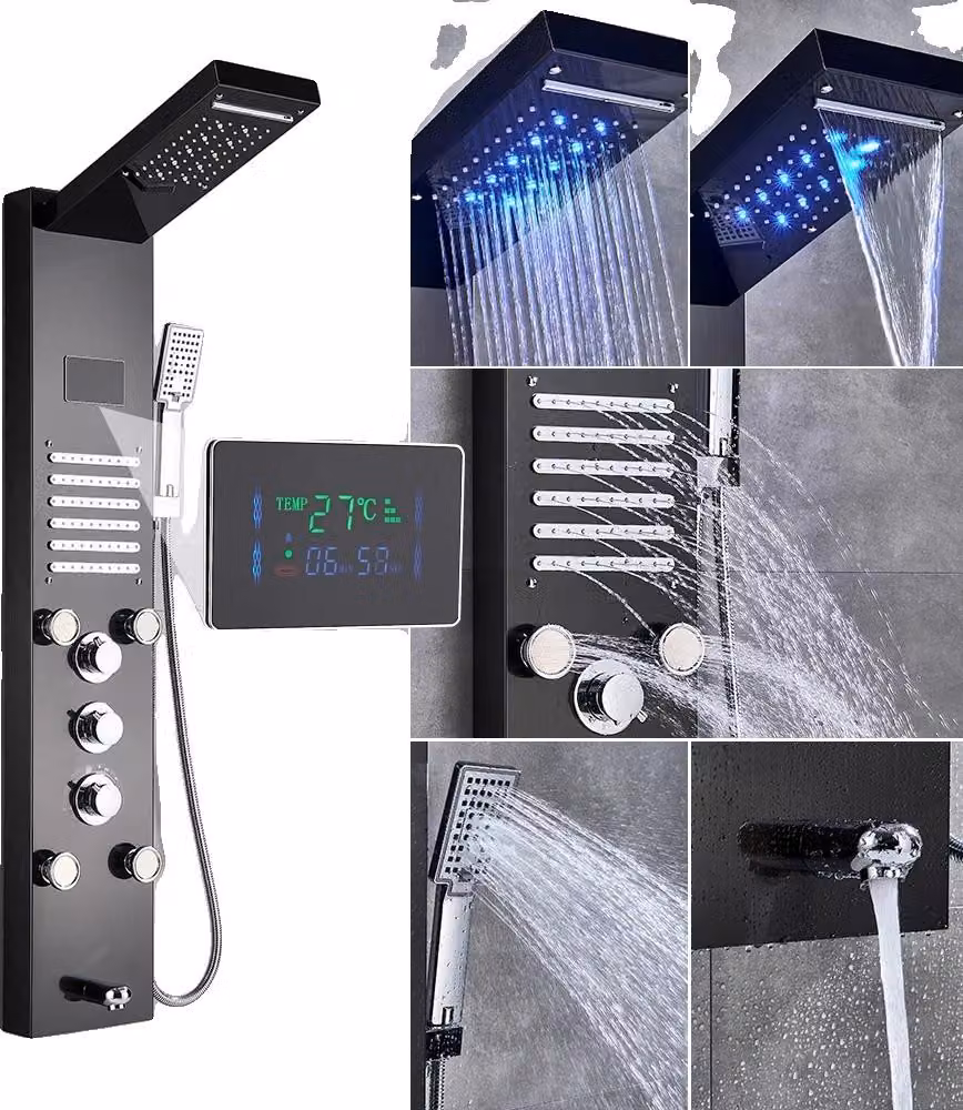Pannello doccia, getti per il corpo, doccetta con display LED, nero 8004