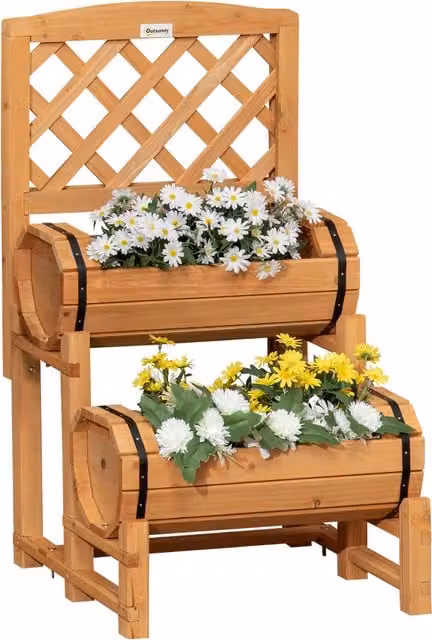 Fioriera da esterno a mezza botte Outsunny in legno d'abete marrone con design verticale rialzato, L/P/H: 45 x 45 x 80 cm