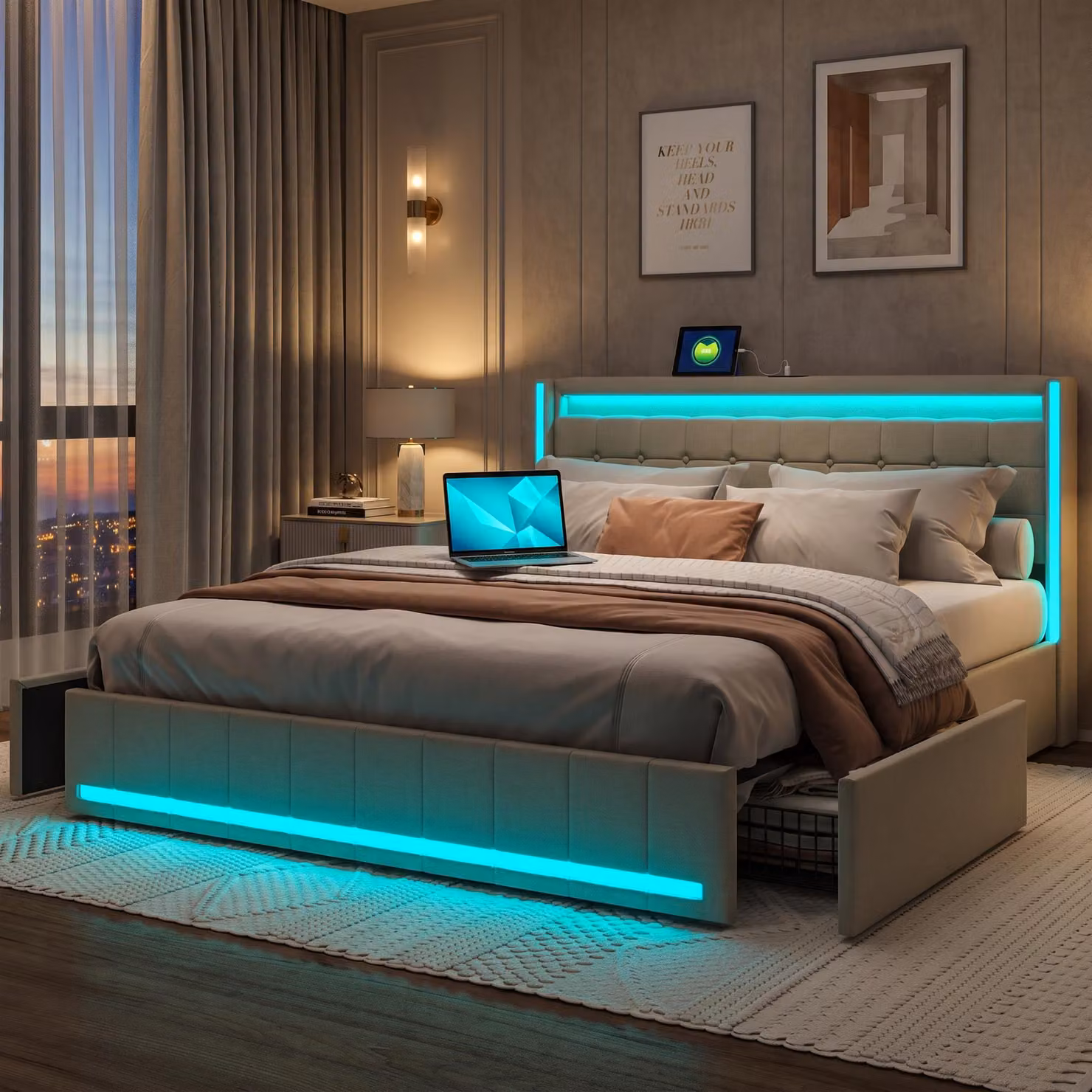Letto contenitore 180x200 cm, letto con spazio contenitore, 4 cassetti, letto imbottito con LED e USB, struttura del letto matrimoniale con rete a doghe, letto per ragazzi, colore lino, beige