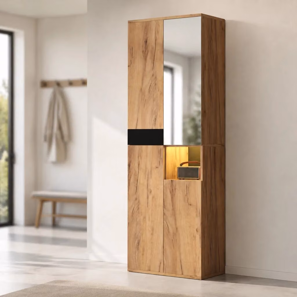 Armadio Mivray a quattro ante con specchio, vano aperto e illuminazione integrata, finitura nero e naturale, L: 65 cm, P: 35 cm, H: 190 cm – 2