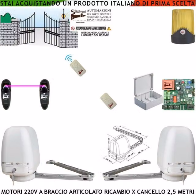 Automatismo Braccio Articolato 2 Motori 220 V Spinta 250 NM Apricancello 2 Ante da 0,5 Fino a 2,5 Metri Centrale 2 Radiocomandi Fotocellule Automazione