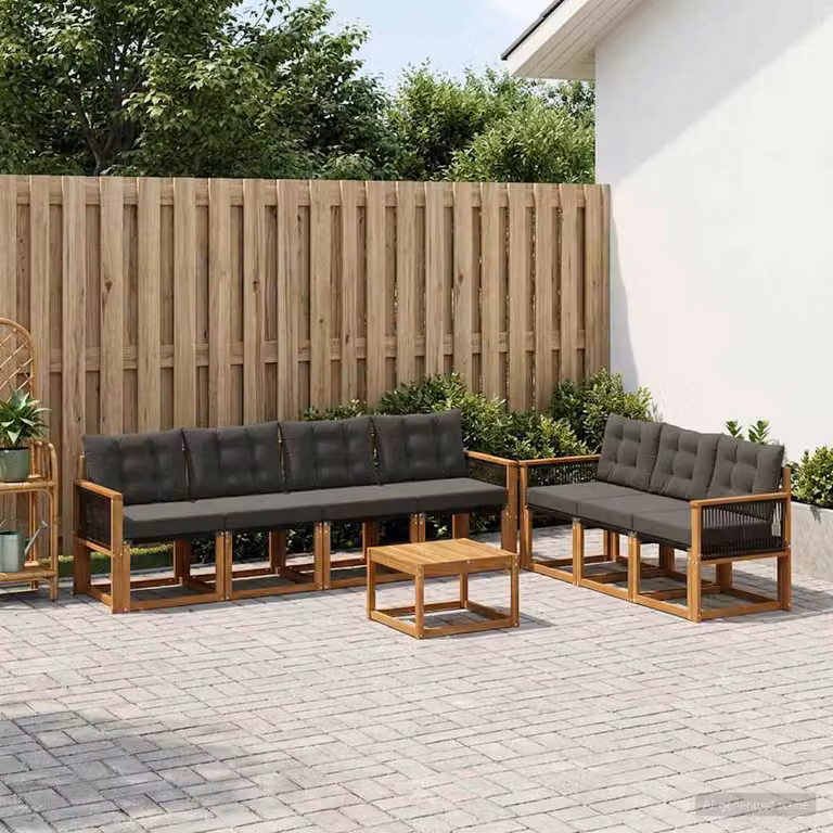 vidaXL Set di divani da esterno 8 pz in legno di acacia con cuscini e tavolino, Naturale e Nero
