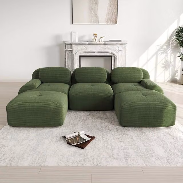 Divano Modulare U ¨C Minimal ¨C Verde, tessuto corda premium, braccioli extra larghi, imbottito elastico, senza montaggio