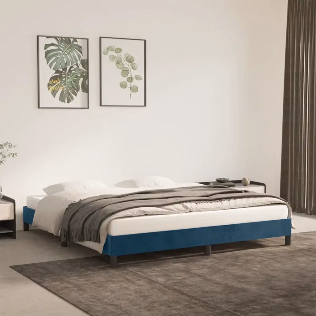 Letto matrimoniale DESIGN IN in velluto blu con struttura in legno e doghe, L/P/H: 183 x 200 x 25 cm – 2