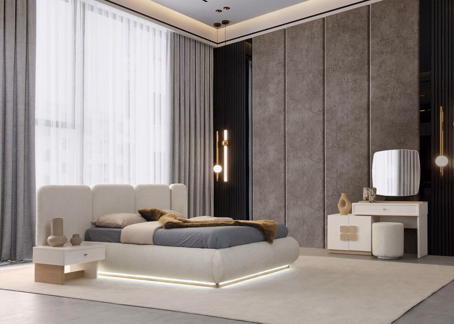 Elegantes 4tlg. Schlafzimmer-Set mit Bett und Schminktisch mit Spiegel