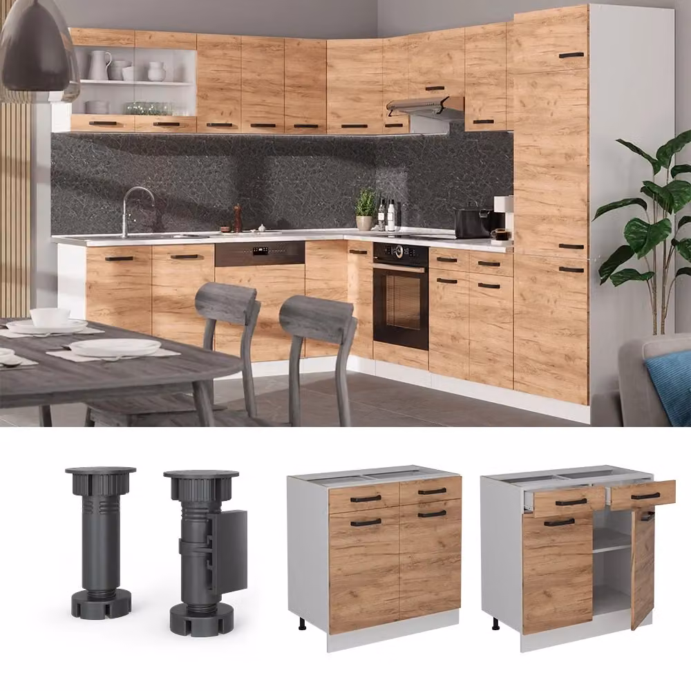 Mobiletto base per cucina Vicco R-Line in rovere e bianco con ante a battente e cassetti, L: 80 cm – 2