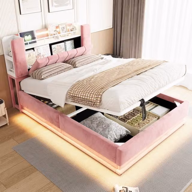 Letto matrimoniale imbottito 140x200 cm con LED; USB e contenitore idraulico in velluto rosa