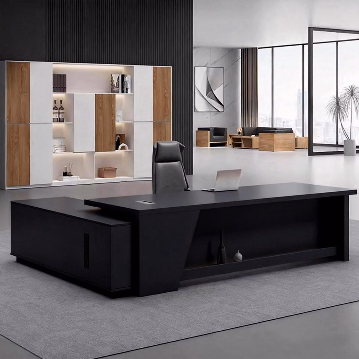 Scrivania a forma di L con spazio contenitivo, dimensioni 190x80x75 cm, colore nero e bianco