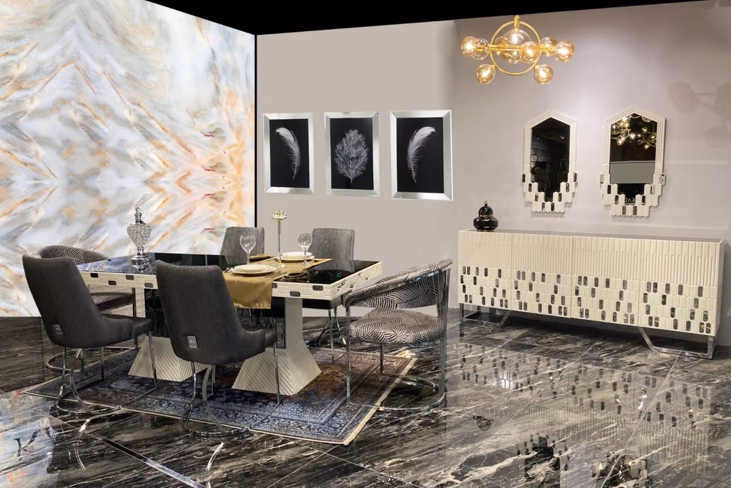 Esszimmer Set Luxus Design Esstische 4x Stühle Kommode mit Spiegel