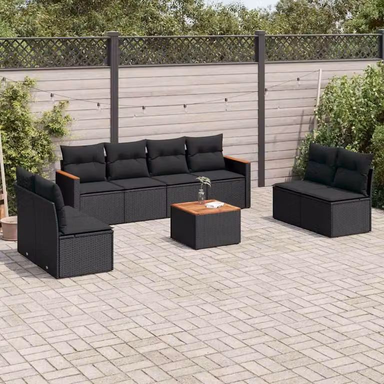 vidaXL Set Divani da Giardino 9 pz a forma di U in Polyrattan Nero con Cuscini e Tavolino da Esterno