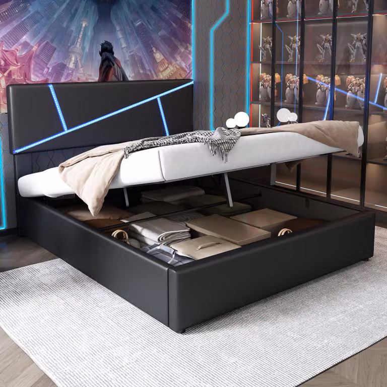 Letto imbottito STILVORA 140×200 cm letto per ragazzi con rete a doghe e schienale, letto matrimoniale con strisce luminose a LED, letto funzionale idraulico, nero (senza materasso)