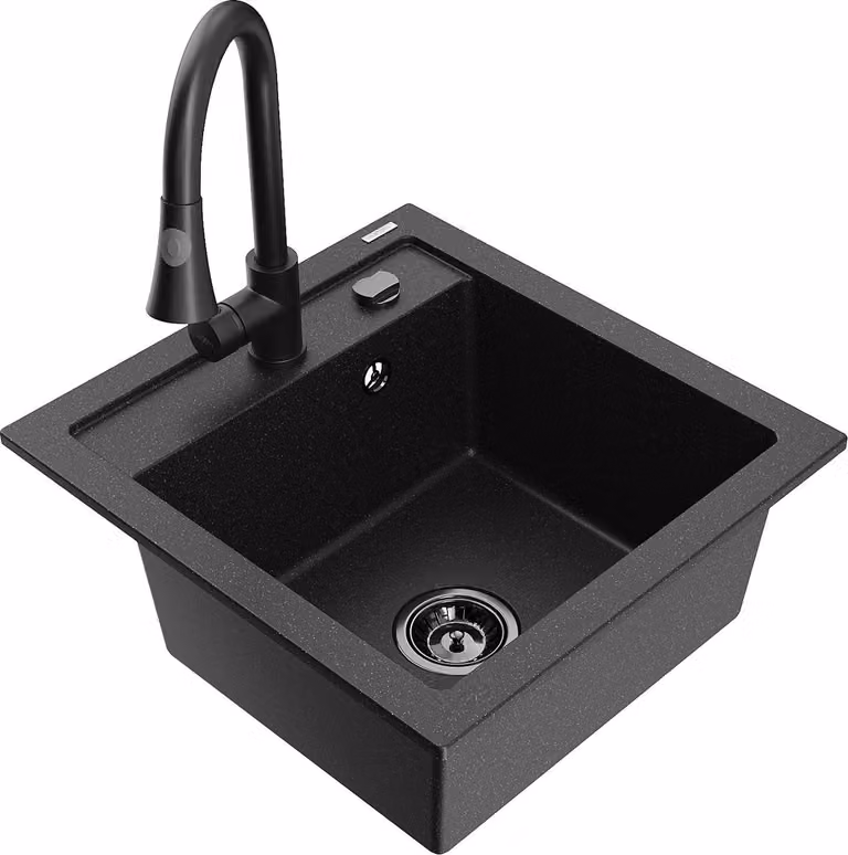 Mexen Vito lavello in granito 1-vasca con miscelatore da cucina Elia, nero/metallico argento - 6503-73-670101-70-B