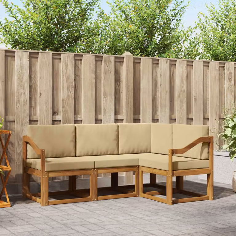 Set di divani da esterno vidaXL in legno di acacia con cuscini, composizione a L, colore beige e marrone