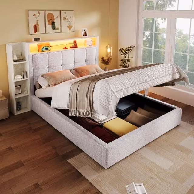 Letto contenitore singolo 90 × 200 cm con USB, porta tipo C, LED e ripiani, senza materasso, in lino beige
