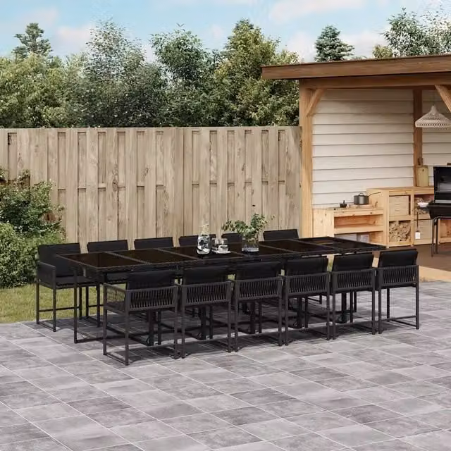 Set da Pranzo da Giardino vidaXL in Polyrattan Nero con Cuscini e Tavolo in Vetro, 13 Pezzi