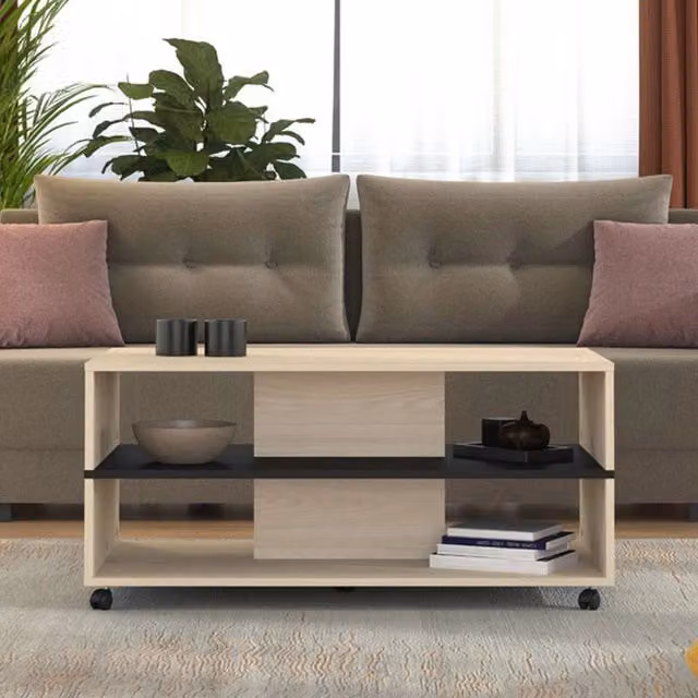 DMORA Tavolino da Salotto Moderno con Ruote in Rovere, L: 101 cm, P: 54,5 cm, H: 47,5 cm – 1