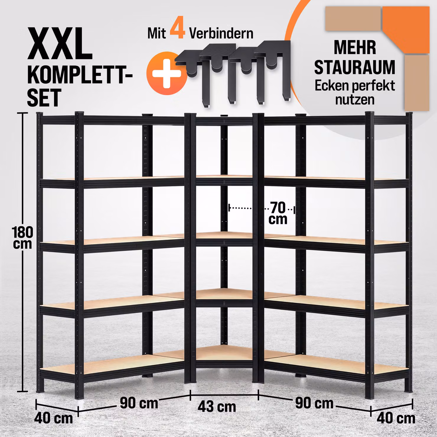 Set di 3 scaffali angolari MONZANA in metallo e MDF neri con ripiani regolabili, H 180 x L 70 x P 40 cm – 2