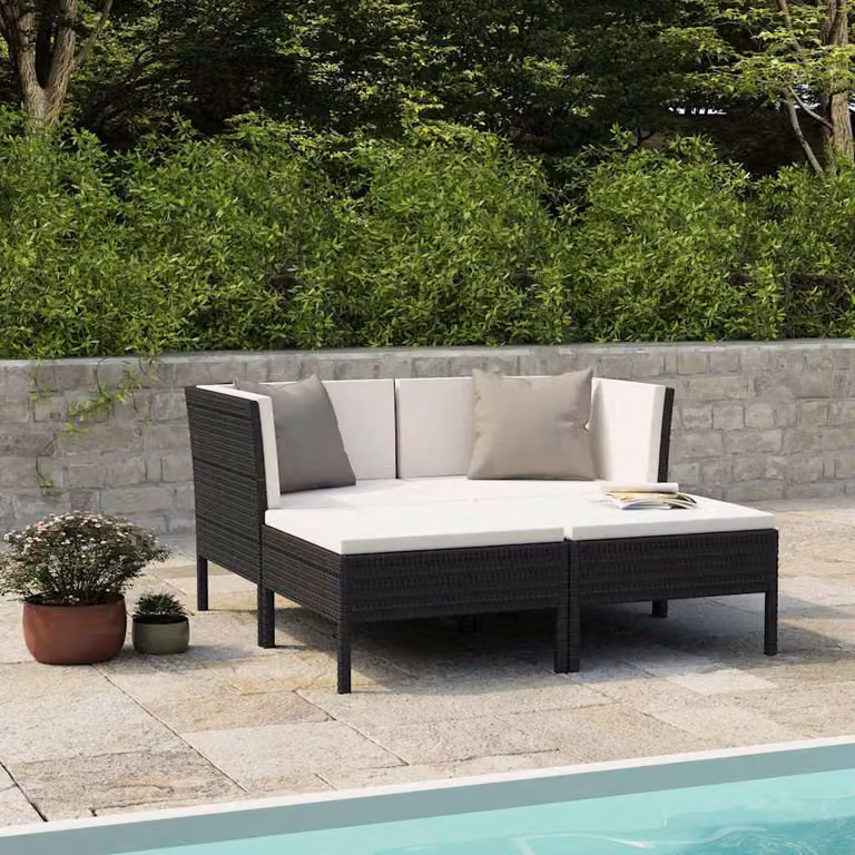 Set di Divani da Giardino vidaXL a Forma di L con Cuscini e Ottoman, Polyrattan e Metallo, Nero e Bianco