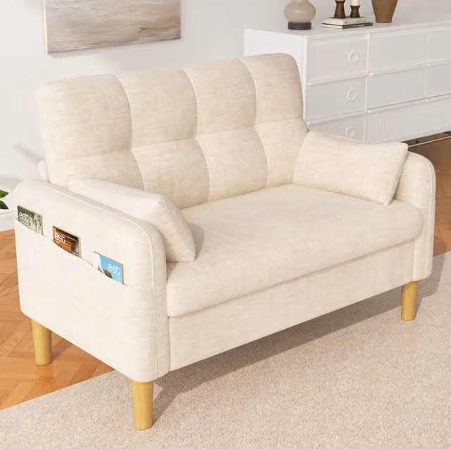 Divano 2 posti compatto 119x78 cm in ciniglia beige con 2 cuscini e tasca laterale HOMVRA