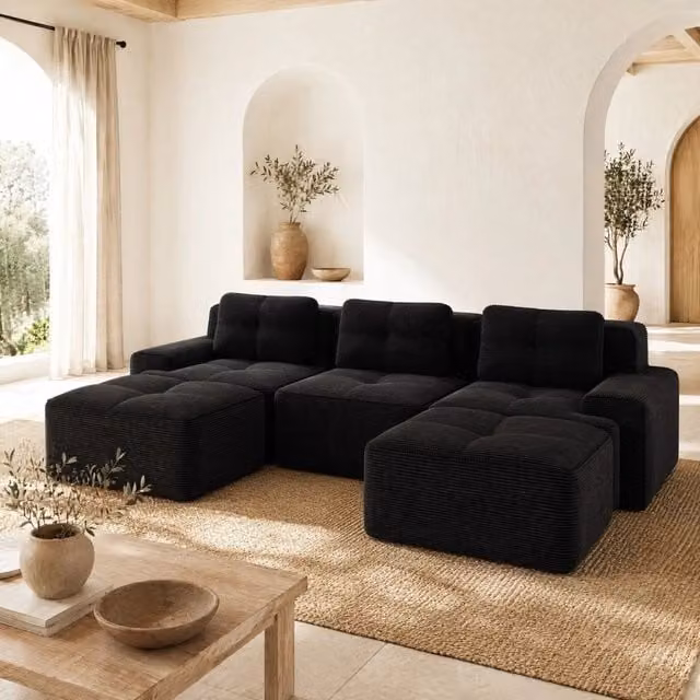 Divano modulare 293x177x69 cm in velluto a coste nero con seduta profonda 74 cm