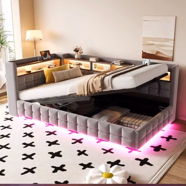 Letto imbottito in velluto grigio chiaro con contenitore 140x200, LED e presa USB