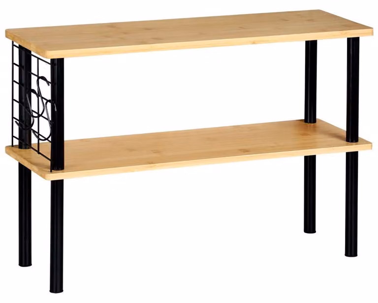 KESPER - Scaffale da cucina in bambù, 2 ripiani, 55 x 20 x 38 cm, struttura in metallo nero, include ganci a rete e griglia metallica per utensili da cucina - 58809