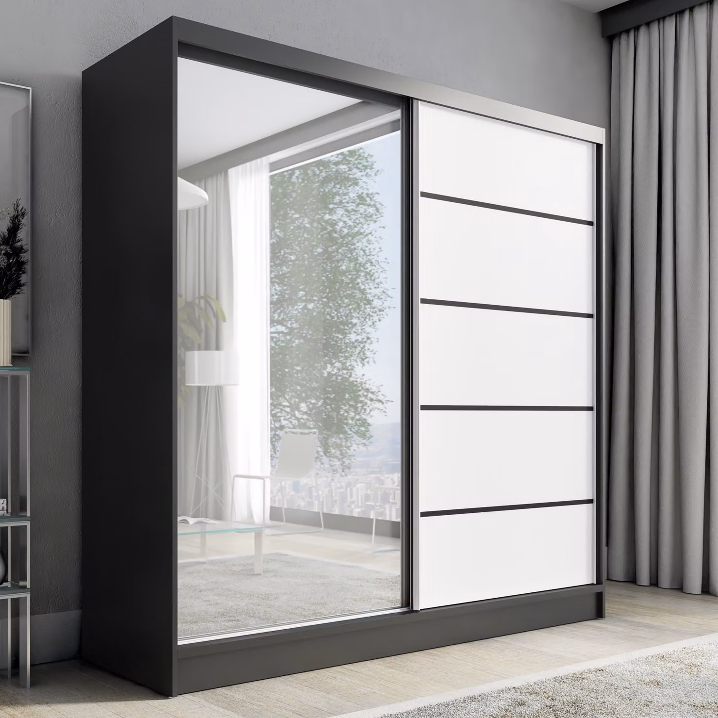 Armadio a porte scorrevoli, a 2 ante con specchio NERO 2 200 cm (nero/bianco)