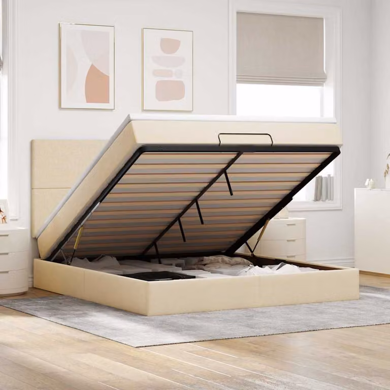 Letto con contenitore e materasso vidaXL in tessuto beige e bianco, con base a sollevamento, illuminazione sottostante e porta di ricarica USB, L/P/H: 180 x 200 x 128 cm