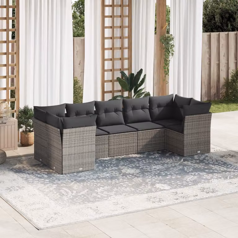 vidaXL Set Divani da Giardino 7 pz a Forma a L in Polyrattan Grigio con Cuscini
