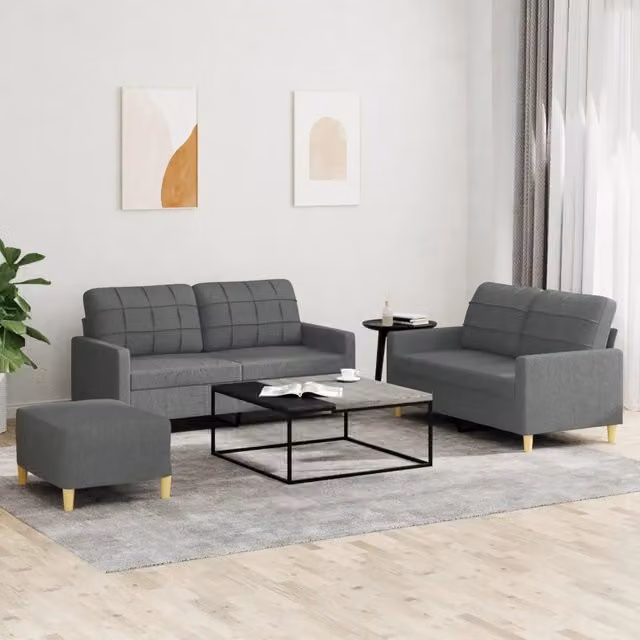 Set di divani 3 pezzi vidaXL in tessuto grigio con cuscini per soggiorno in stile moderno – 1