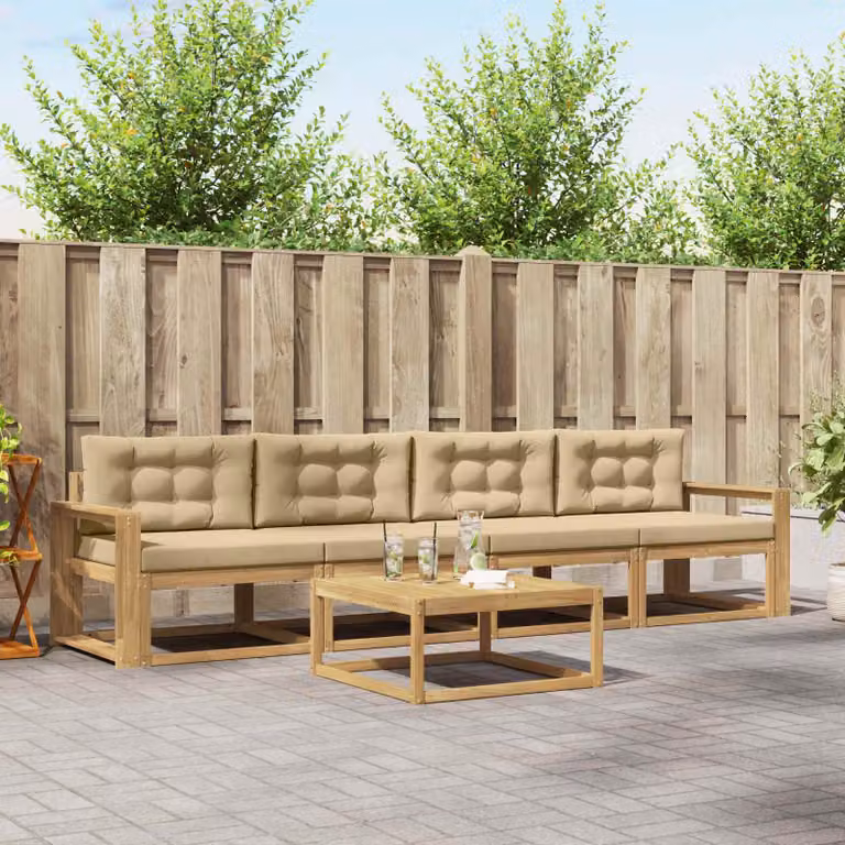 Set di divani da esterno vidaXL 4 pezzi in legno di acacia con cuscini, Bianco e Beige