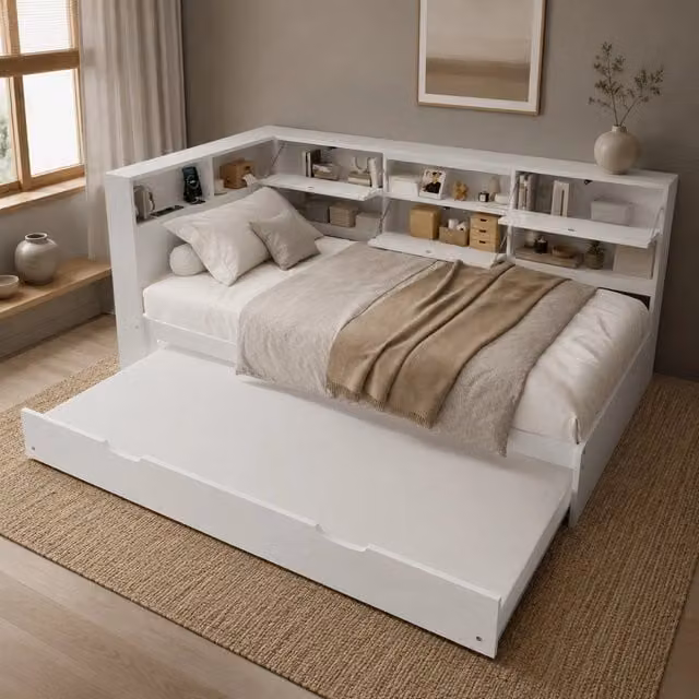 Letto Daybed estraibile REDOM in legno di pino e MDF bianco con porta USB e ripiani laterali L/P/H: 216.5 x 120 x 90 cm