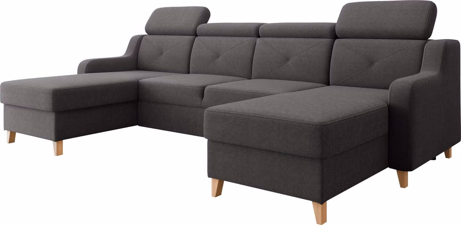 MIRJAN24 Divano componibile Marbella U, divano angolare per soggiorno con due contenitori portaoggetti e funzione letto, forma a "U", gambe in legno, poggiatesta regolabili (colore: Kronos 22)