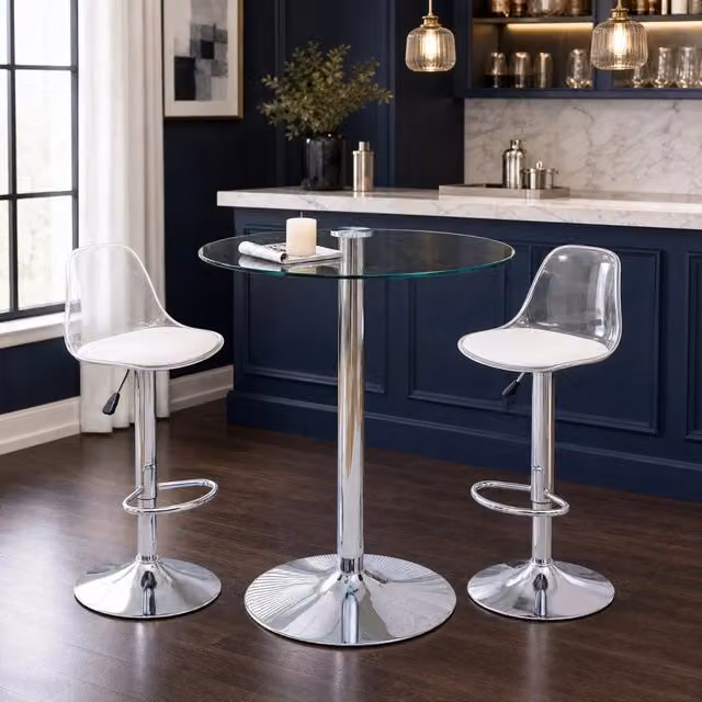 Set tavolo da bar Mivray con 2 sgabelli girevoli regolabili in altezza in vetro, metallo e plastica trasparente argento – 1